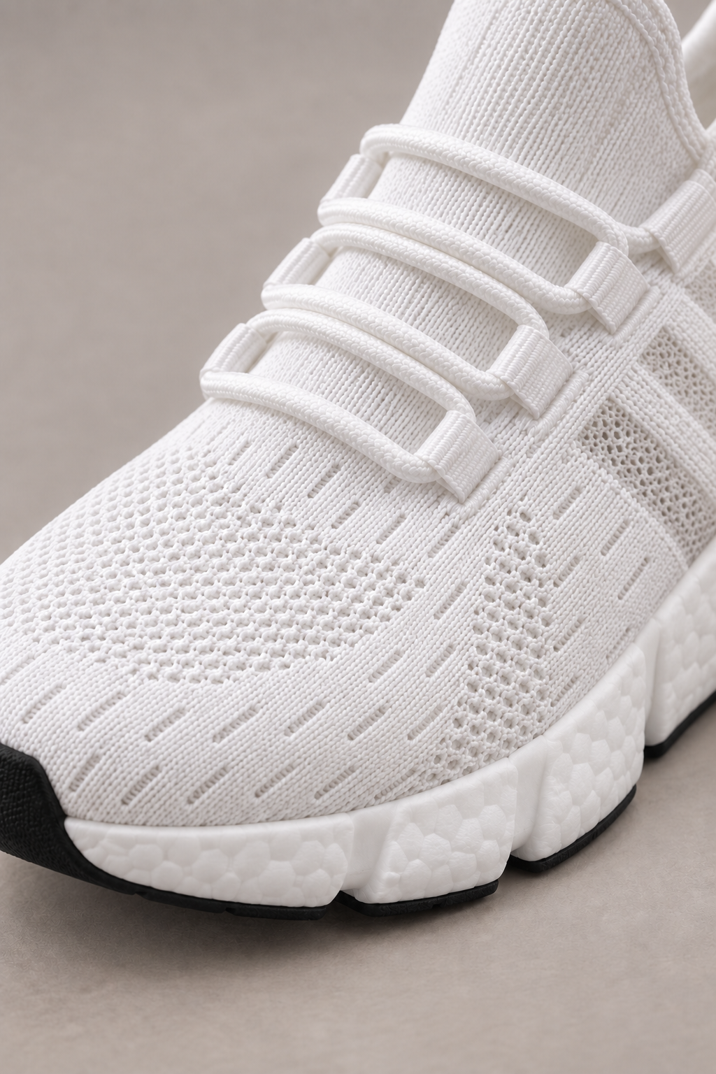 Men’s white knit lace-up sneakers with EVA sole knit + lacing detail