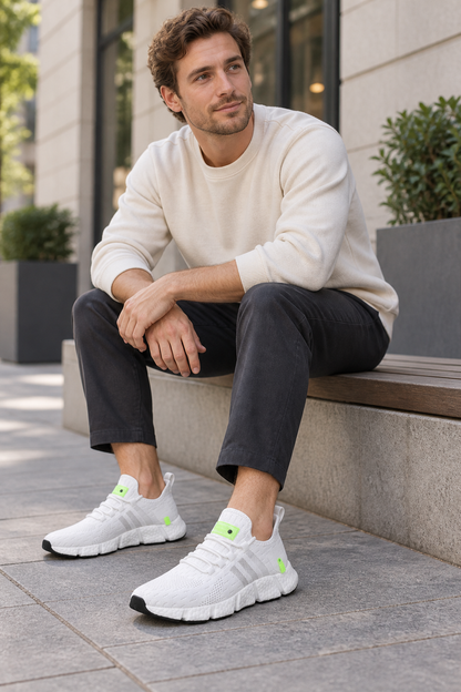 Men’s white knit lace-up sneakers with EVA sole lifestyle view