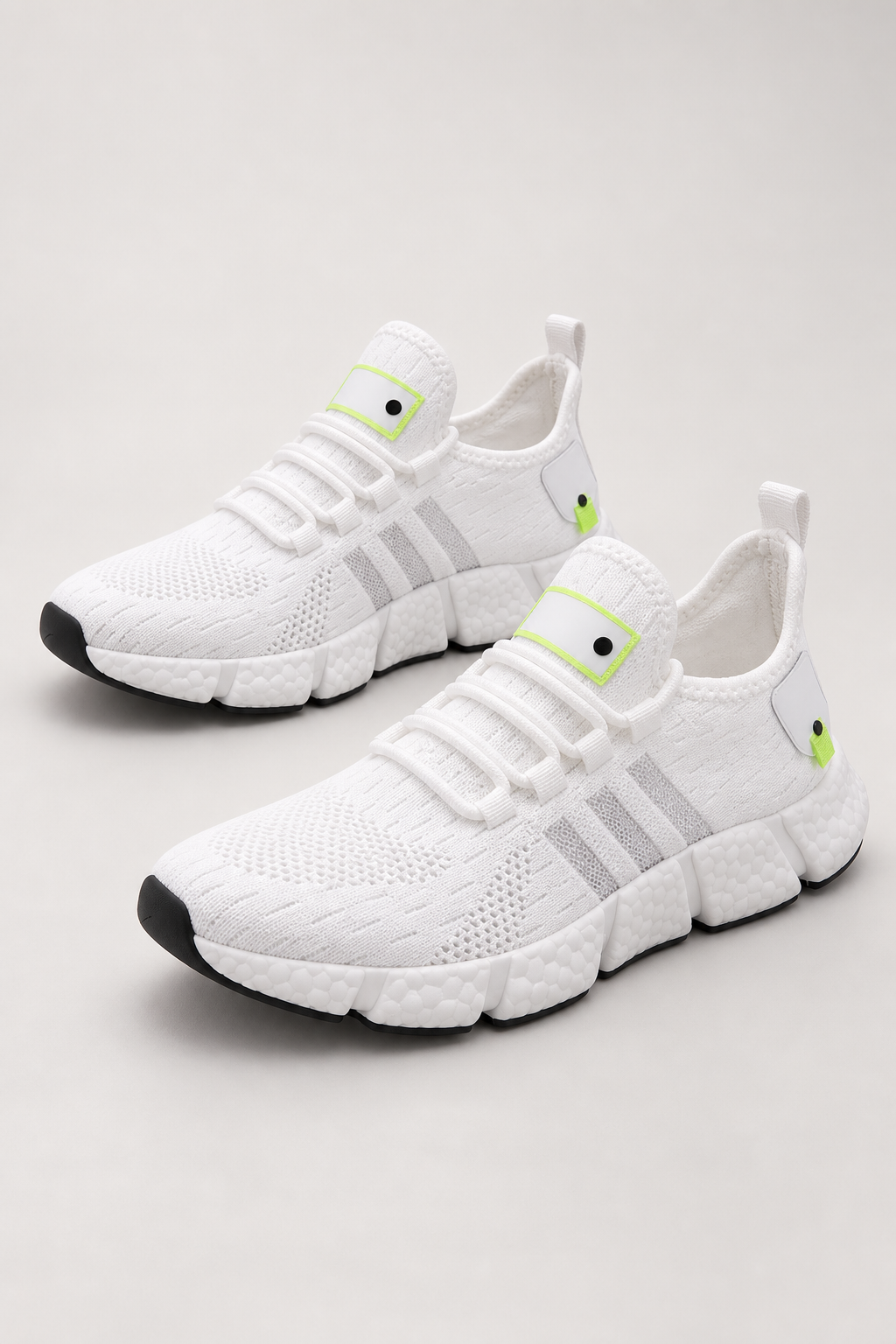 Men’s white knit lace-up sneakers with EVA sole studio view