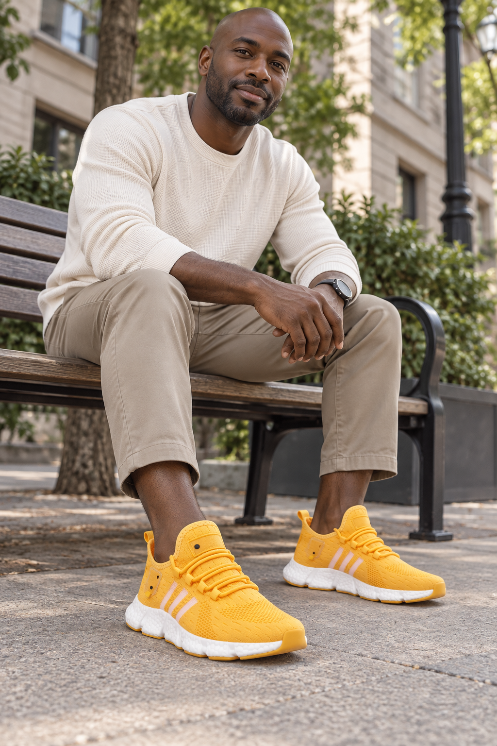 Men’s yellow knit lace-up sneakers with EVA sole lifestyle view