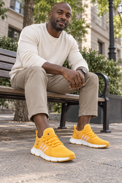 Men’s yellow knit lace-up sneakers with EVA sole lifestyle view