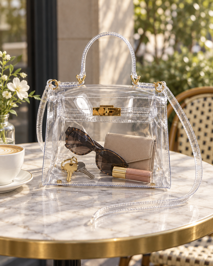 AuraX transparent PVC handbag with gold-tone hardware and small everyday accessories at a café