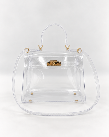 AuraX transparent PVC lock-buckle handbag with gold-tone hardware, front studio view