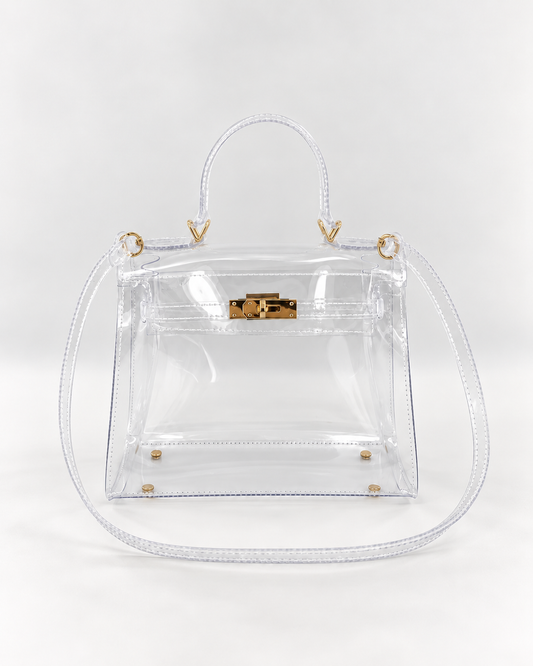 AuraX transparent PVC lock-buckle handbag with gold-tone hardware, front studio view