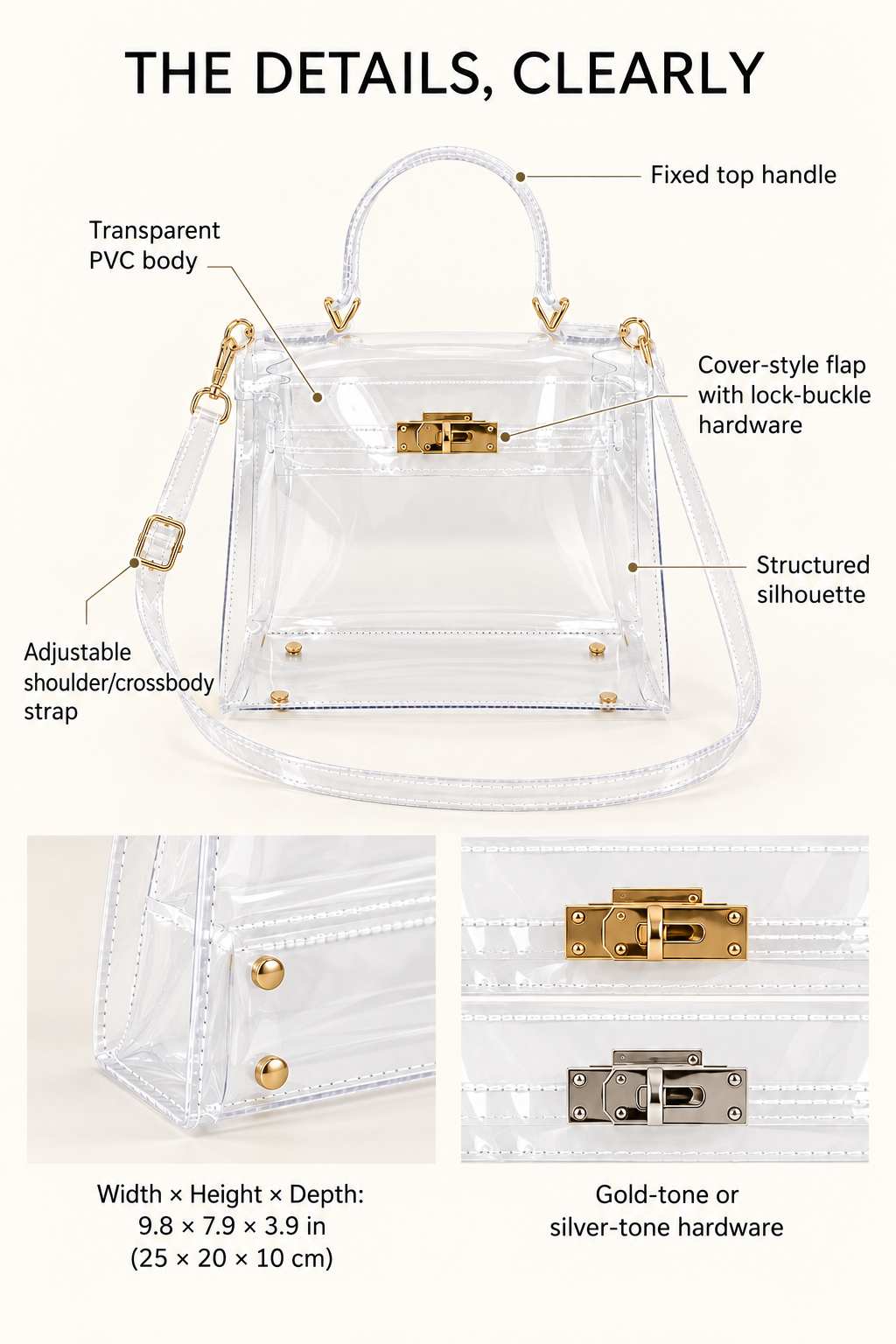 AuraX transparent PVC handbag details: fixed handle, adjustable strap, lock-buckle flap, hardware options and dimensions