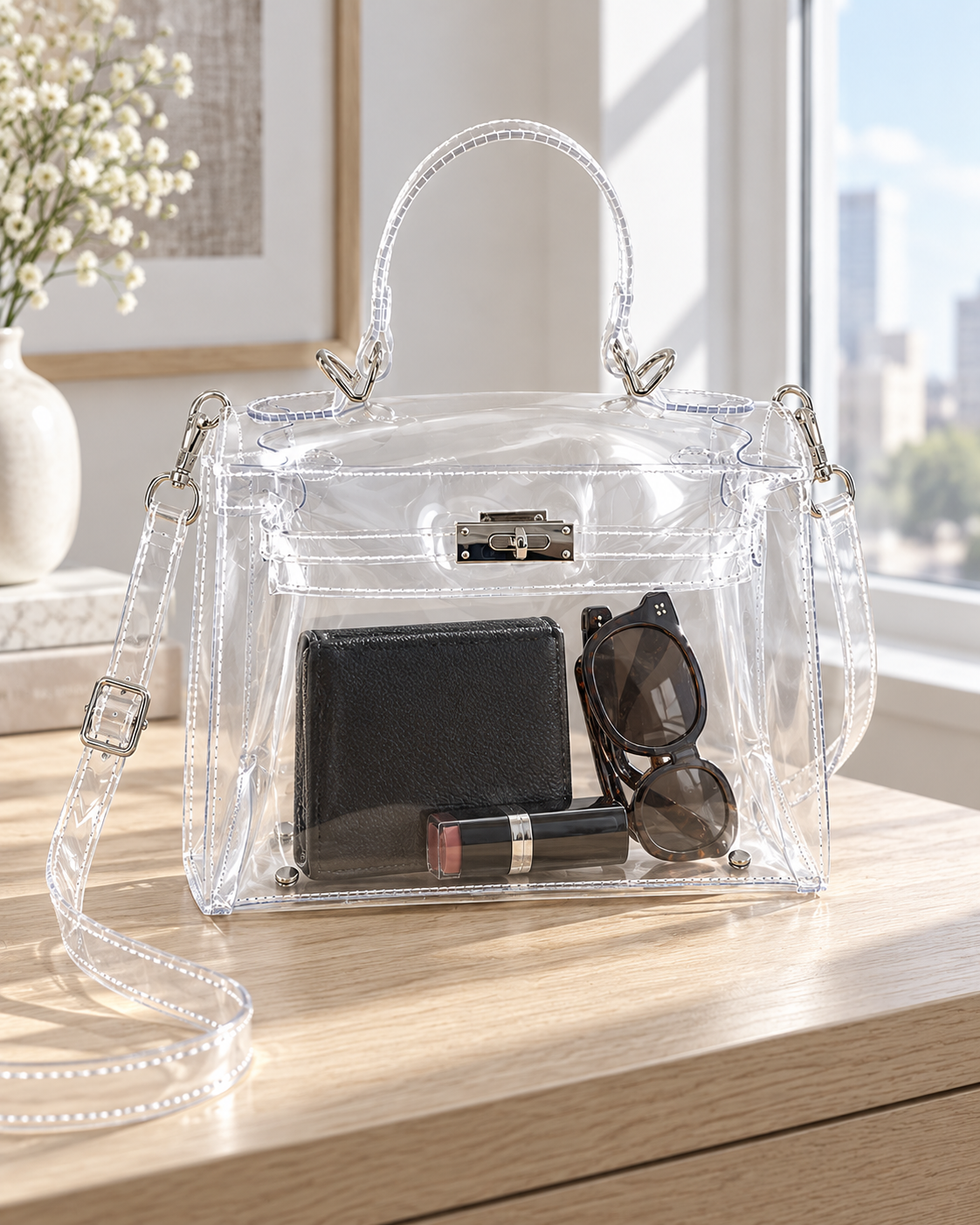 AuraX transparent PVC handbag with silver-tone hardware and small everyday accessories