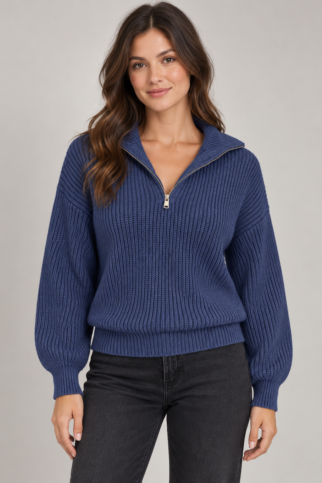 Women's Dropped-Shoulder Quarter-Zip Sweater — Dark Blue studio hero