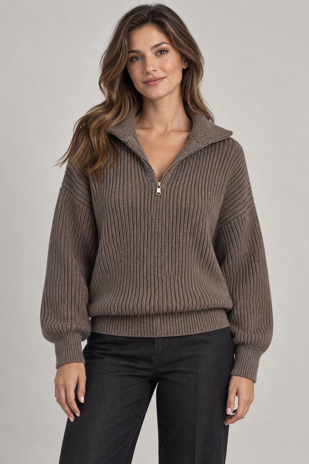 Women's Dropped-Shoulder Quarter-Zip Sweater — Dark Brown studio hero