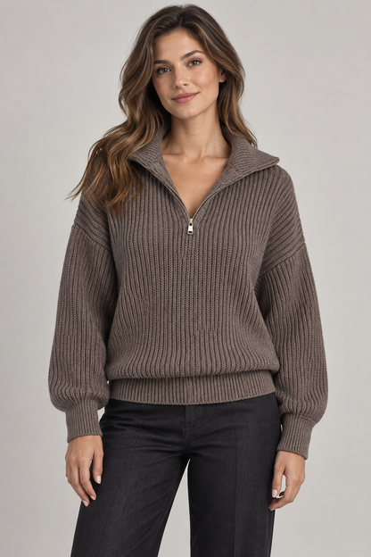 Women's Dropped-Shoulder Quarter-Zip Sweater — Dark Brown studio hero