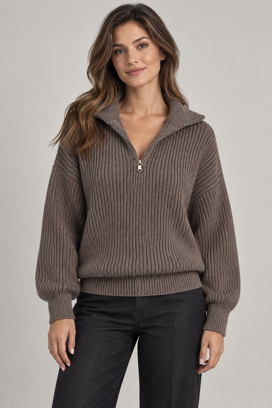 Women's Dropped-Shoulder Quarter-Zip Sweater — Dark Brown studio hero