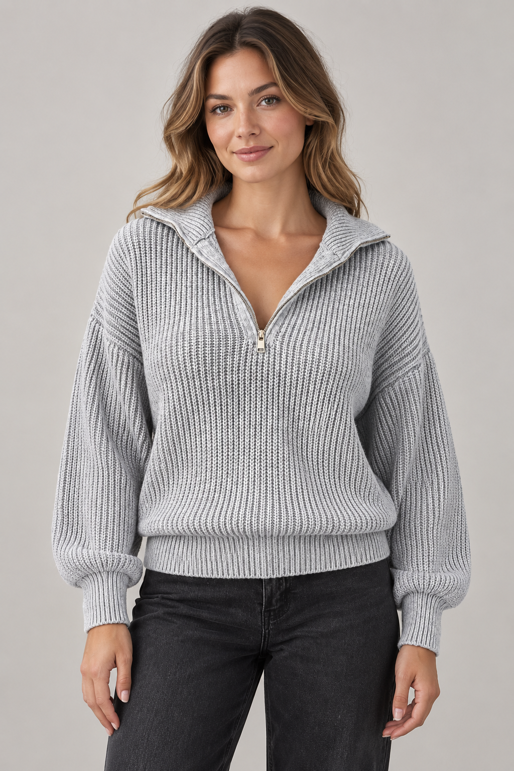Women's Dropped-Shoulder Quarter-Zip Sweater — Gray studio hero