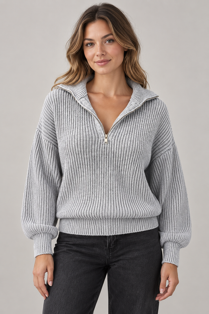 Women's Dropped-Shoulder Quarter-Zip Sweater — Gray studio hero