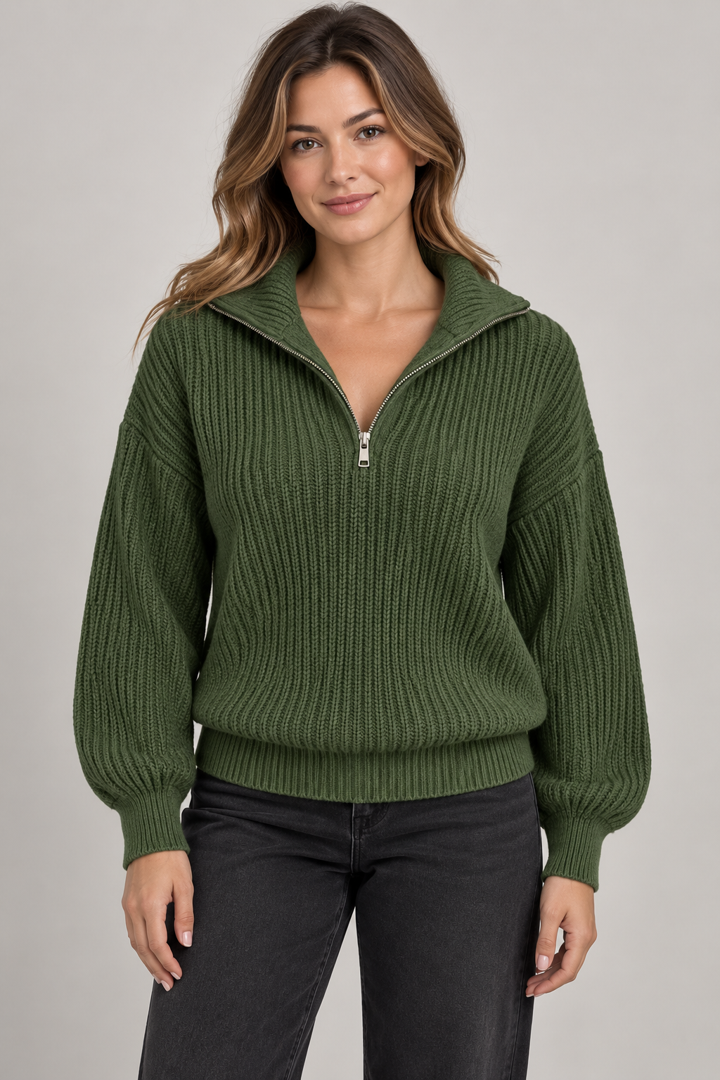 Women's Dropped-Shoulder Quarter-Zip Sweater — Military Green studio hero