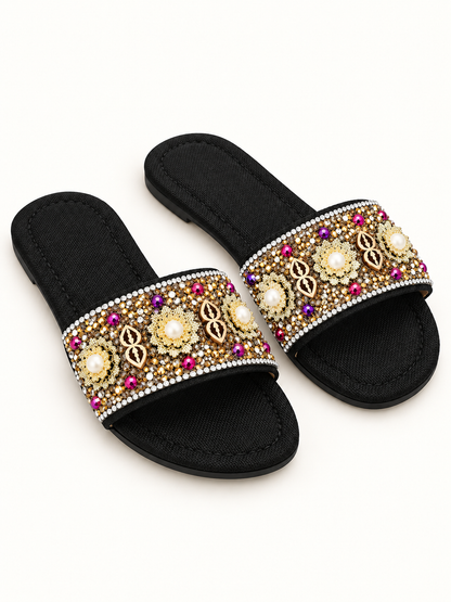 AuraX rhinestone embellished flat slide slippers in Black — studio product image
