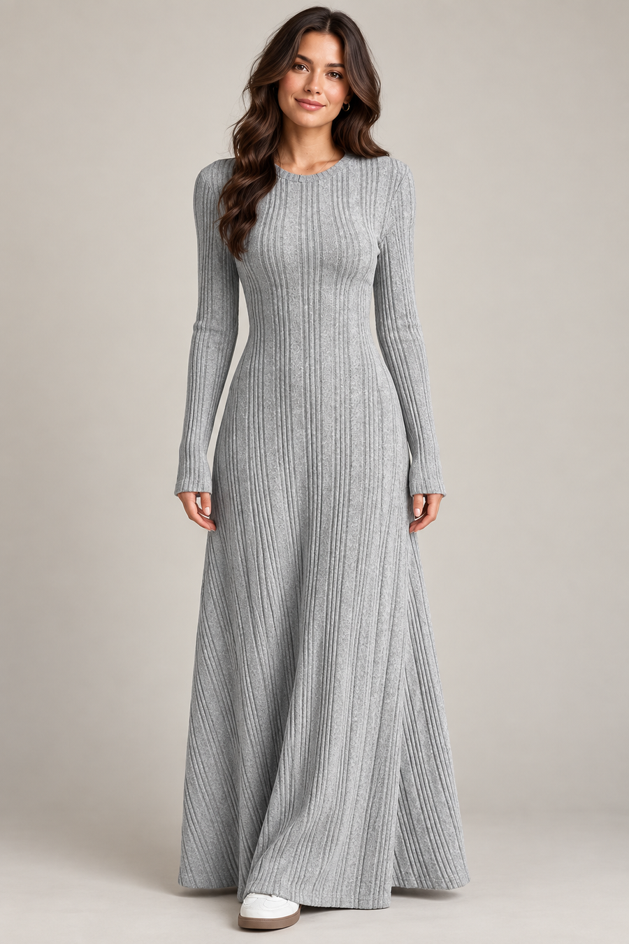 AuraX studio photo of Women's Long-Sleeve Ribbed-Knit Maxi Dress in Gray