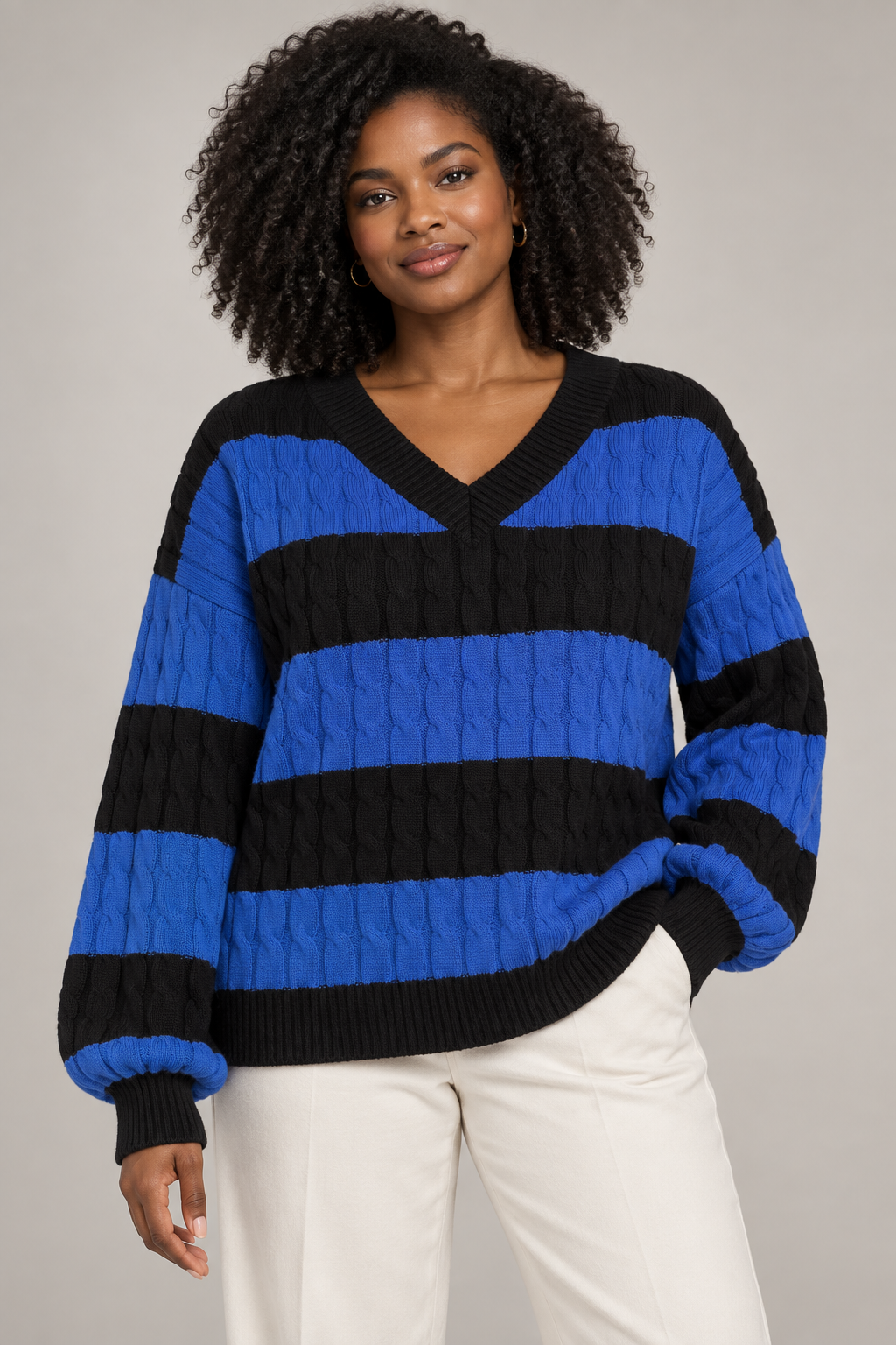 Women's Striped V-Neck Cable-Knit Sweater — Black Plus Royal Blue studio hero