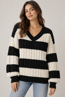 Women's Striped V-Neck Cable-Knit Sweater — Black studio hero