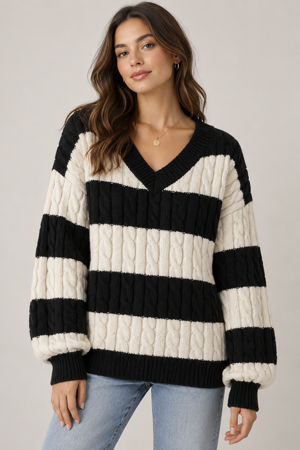 Women's Striped V-Neck Cable-Knit Sweater — Black studio hero