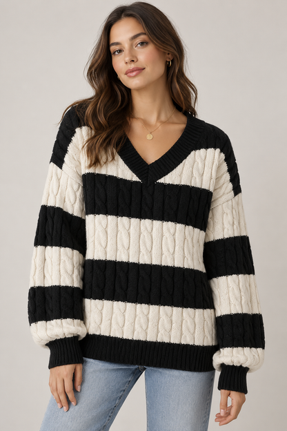 Women's Striped V-Neck Cable-Knit Sweater — Black studio hero