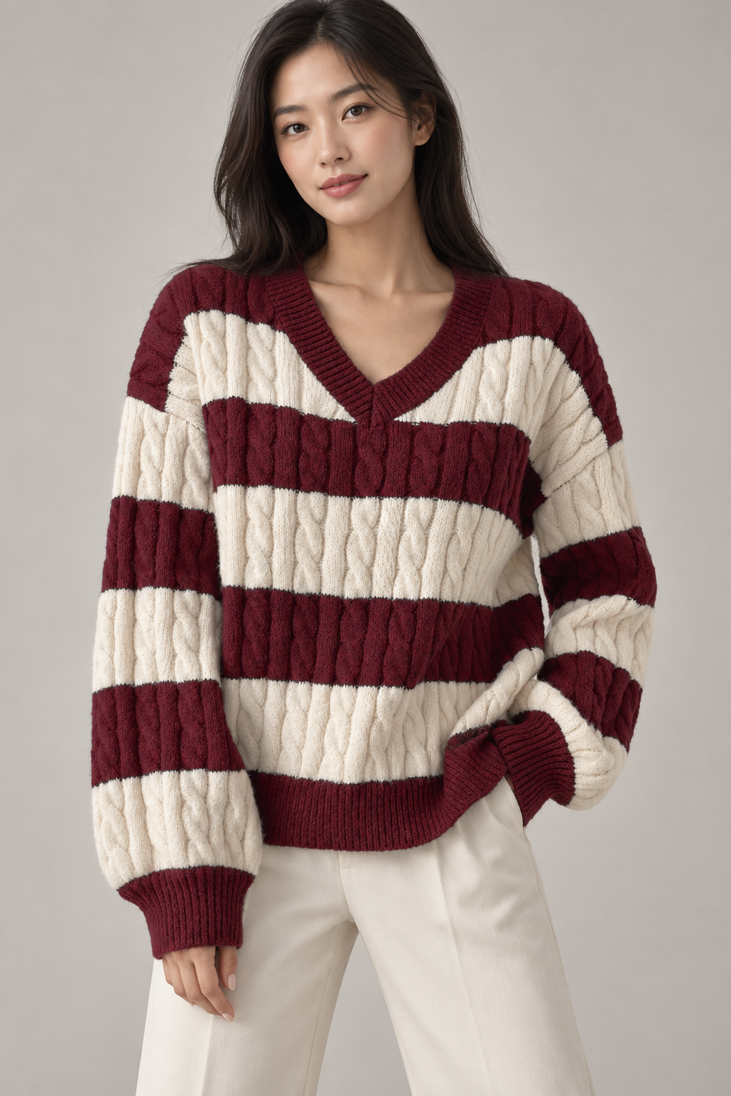 Women's Striped V-Neck Cable-Knit Sweater — Dark Red studio hero