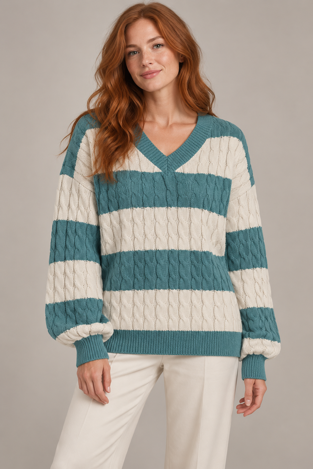 Women's Striped V-Neck Cable-Knit Sweater — Haze Blue studio hero