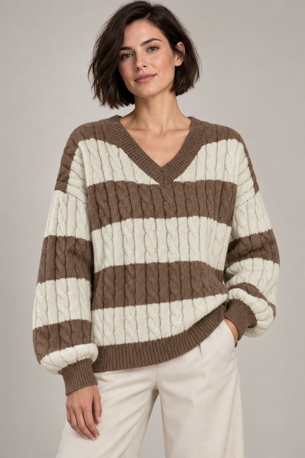 Women's Striped V-Neck Cable-Knit Sweater — Khaki studio hero