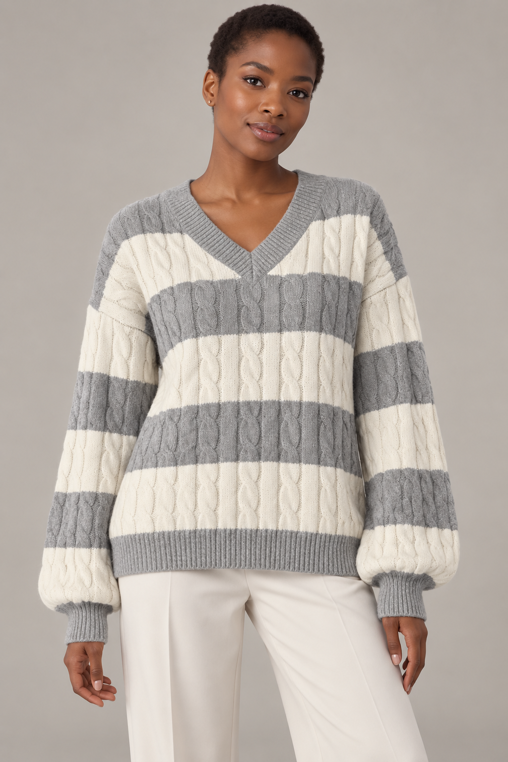 Women's Striped V-Neck Cable-Knit Sweater — Light Gray studio hero