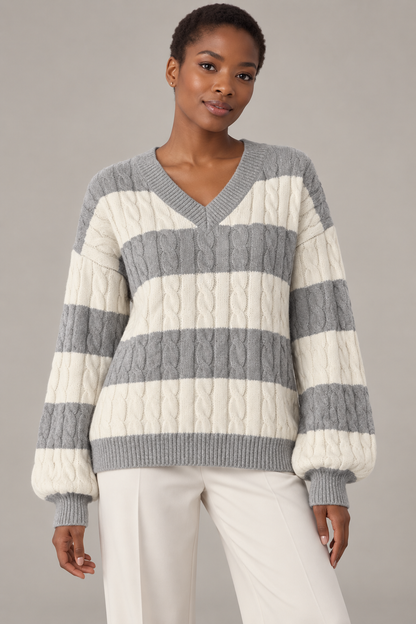 Women's Striped V-Neck Cable-Knit Sweater — Light Gray studio hero