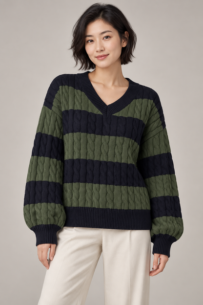 Women's Striped V-Neck Cable-Knit Sweater — Military Green studio hero