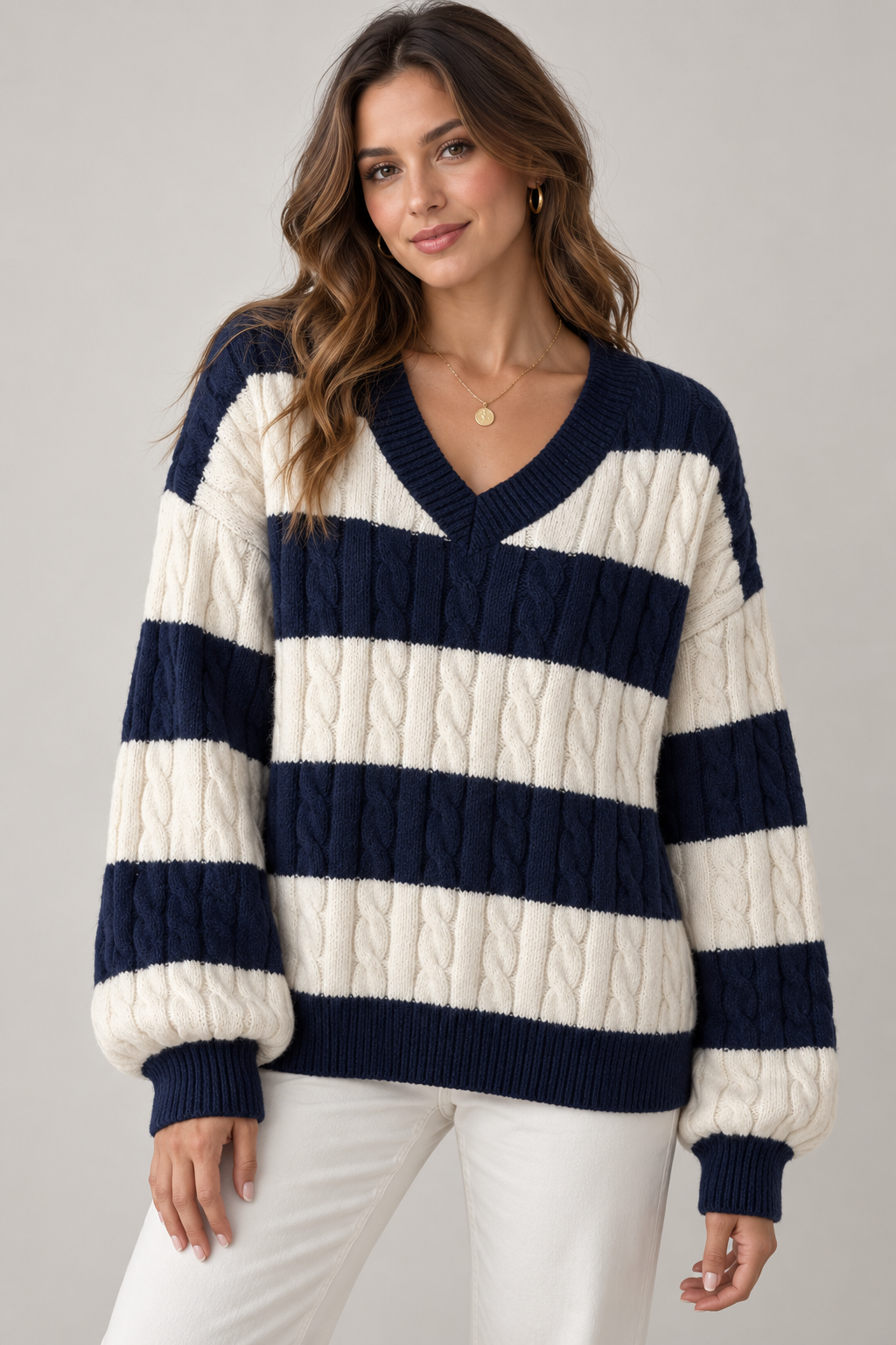 Women's Striped V-Neck Cable-Knit Sweater — Navy Blue studio hero