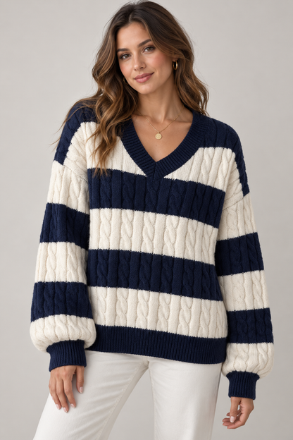 Women's Striped V-Neck Cable-Knit Sweater — Navy Blue studio hero