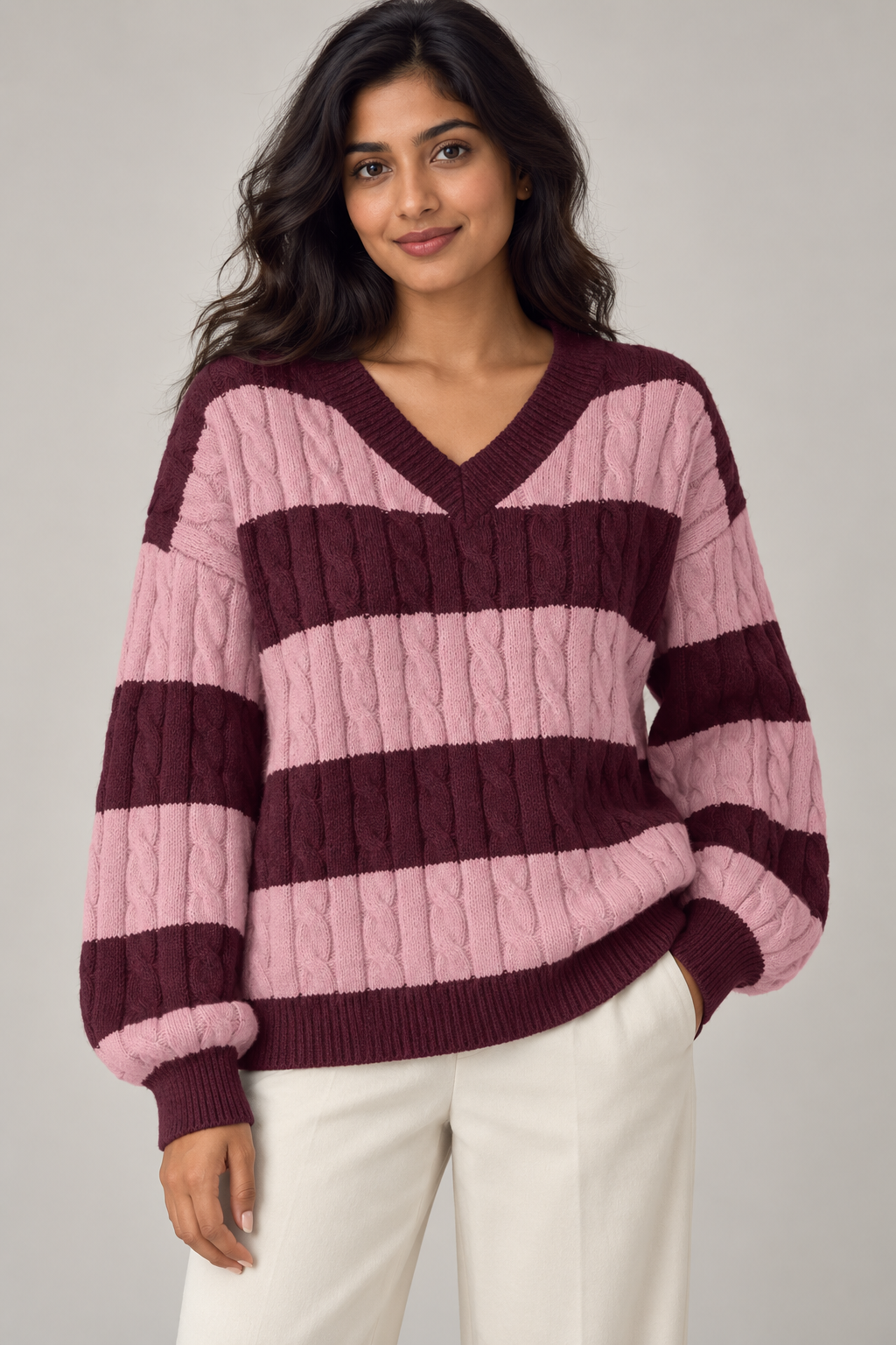 Women's Striped V-Neck Cable-Knit Sweater — Purple studio hero