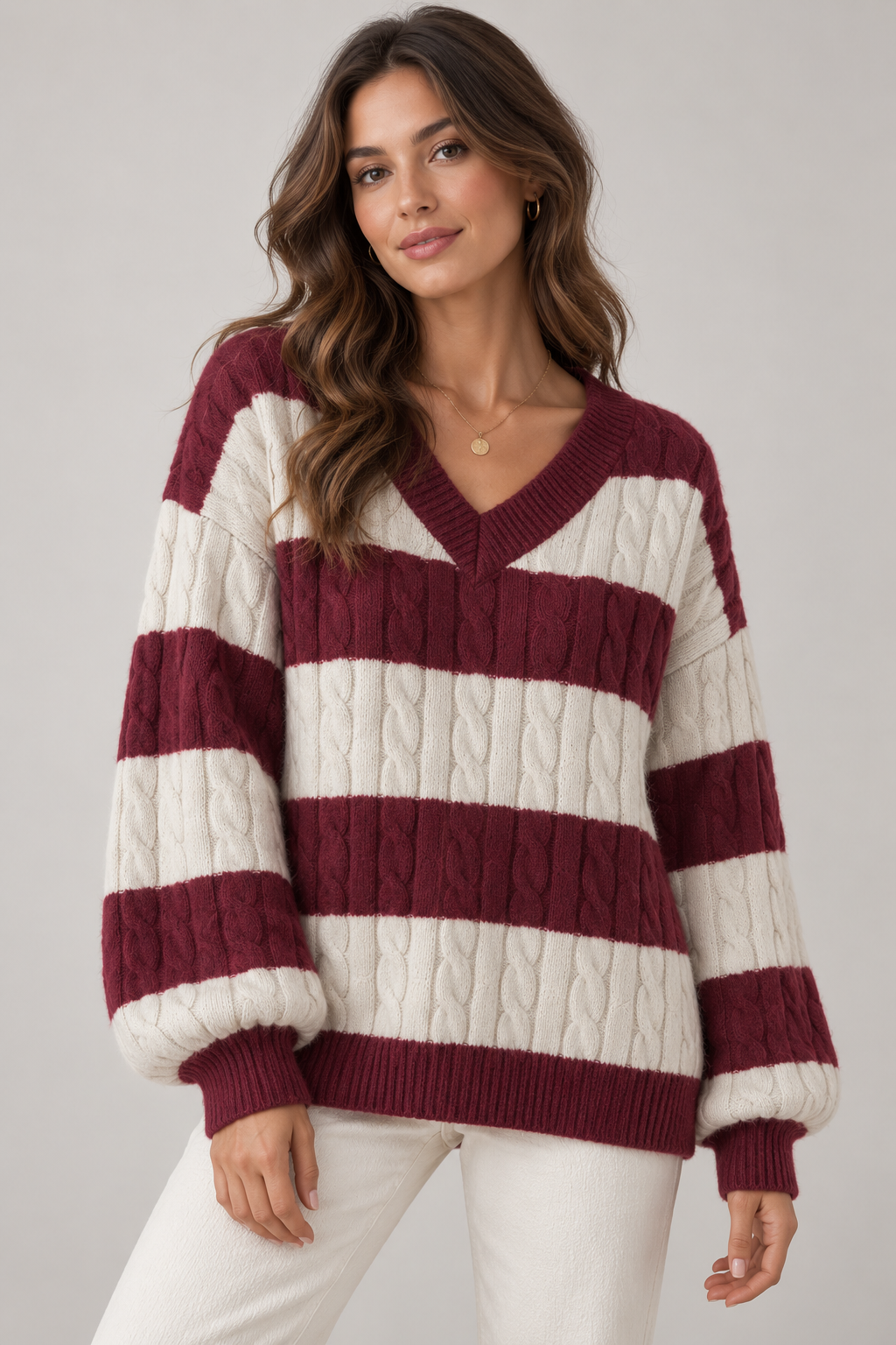 Women's Striped V-Neck Cable-Knit Sweater — Wine Red studio hero