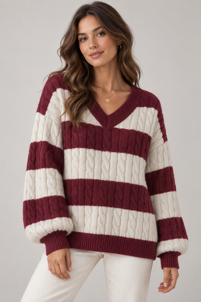 Women's Striped V-Neck Cable-Knit Sweater — Wine Red studio hero