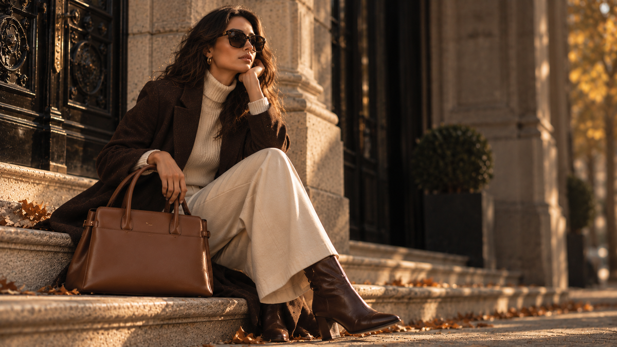 AuraX editorial: a seated woman with a structured handbag in warm city light
