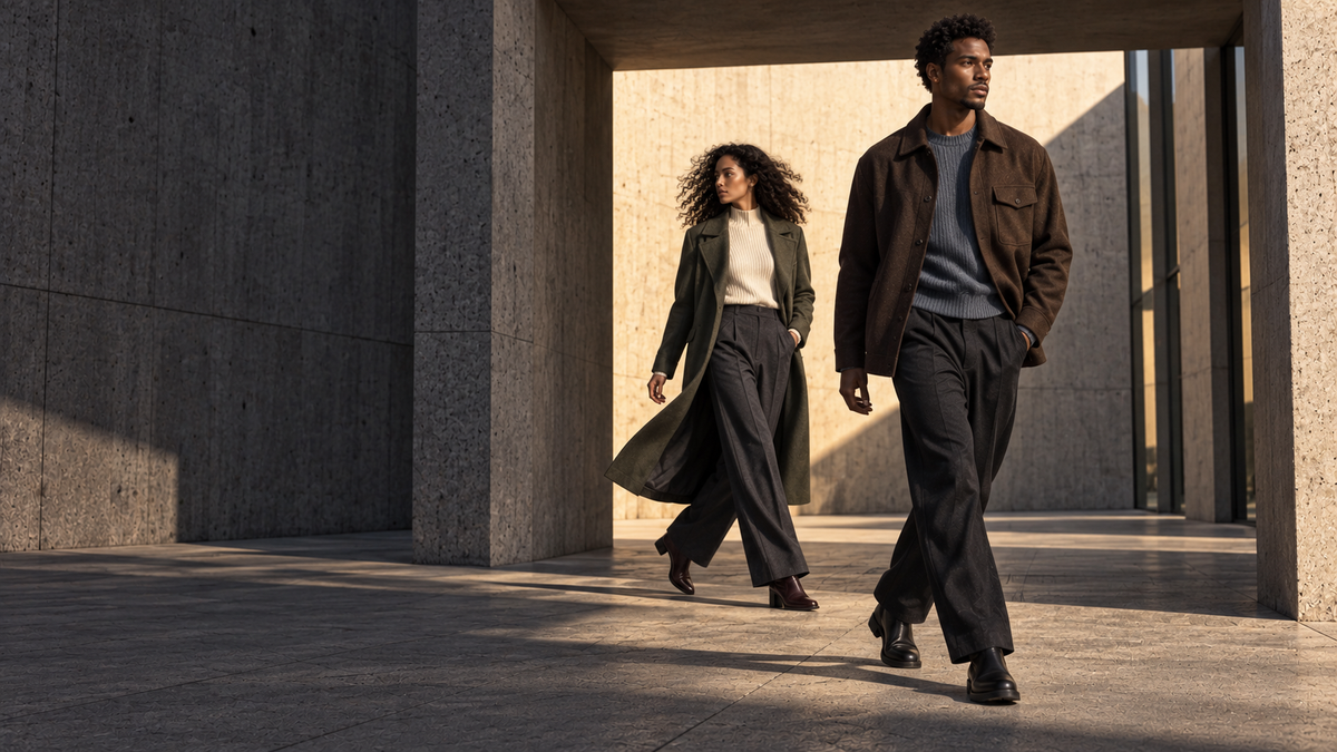 AuraX editorial: a woman and a man walking through a modern architectural passage