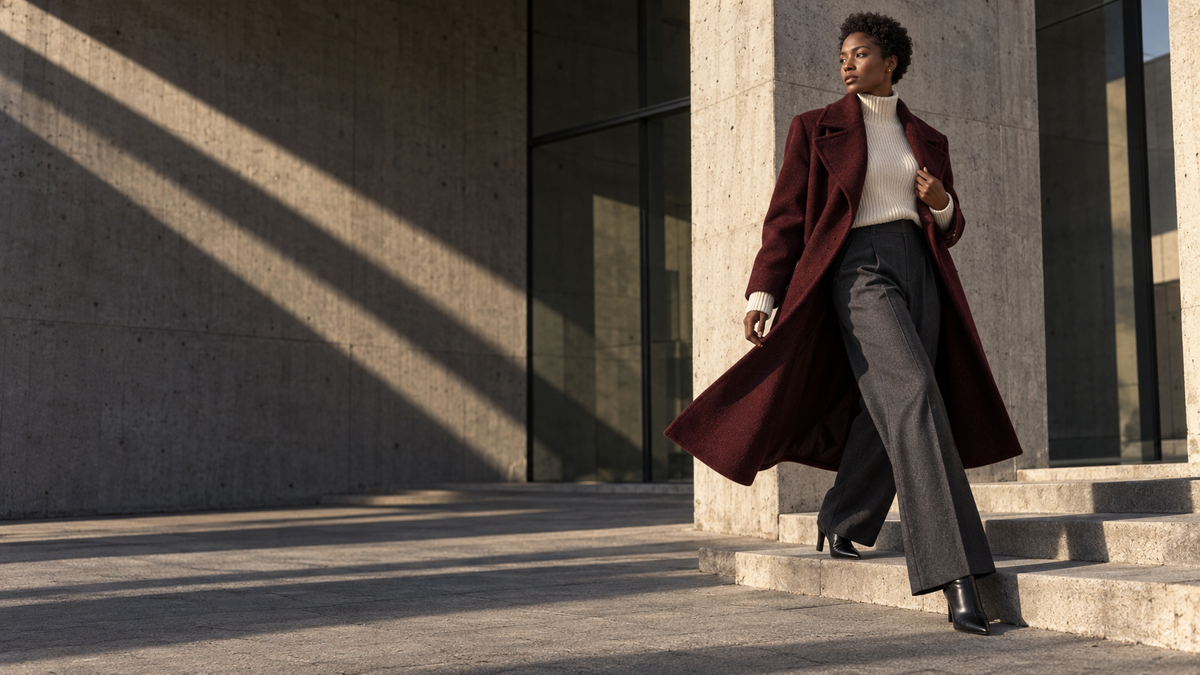 AuraX Fall editorial: model in a burgundy coat against modern stone architecture