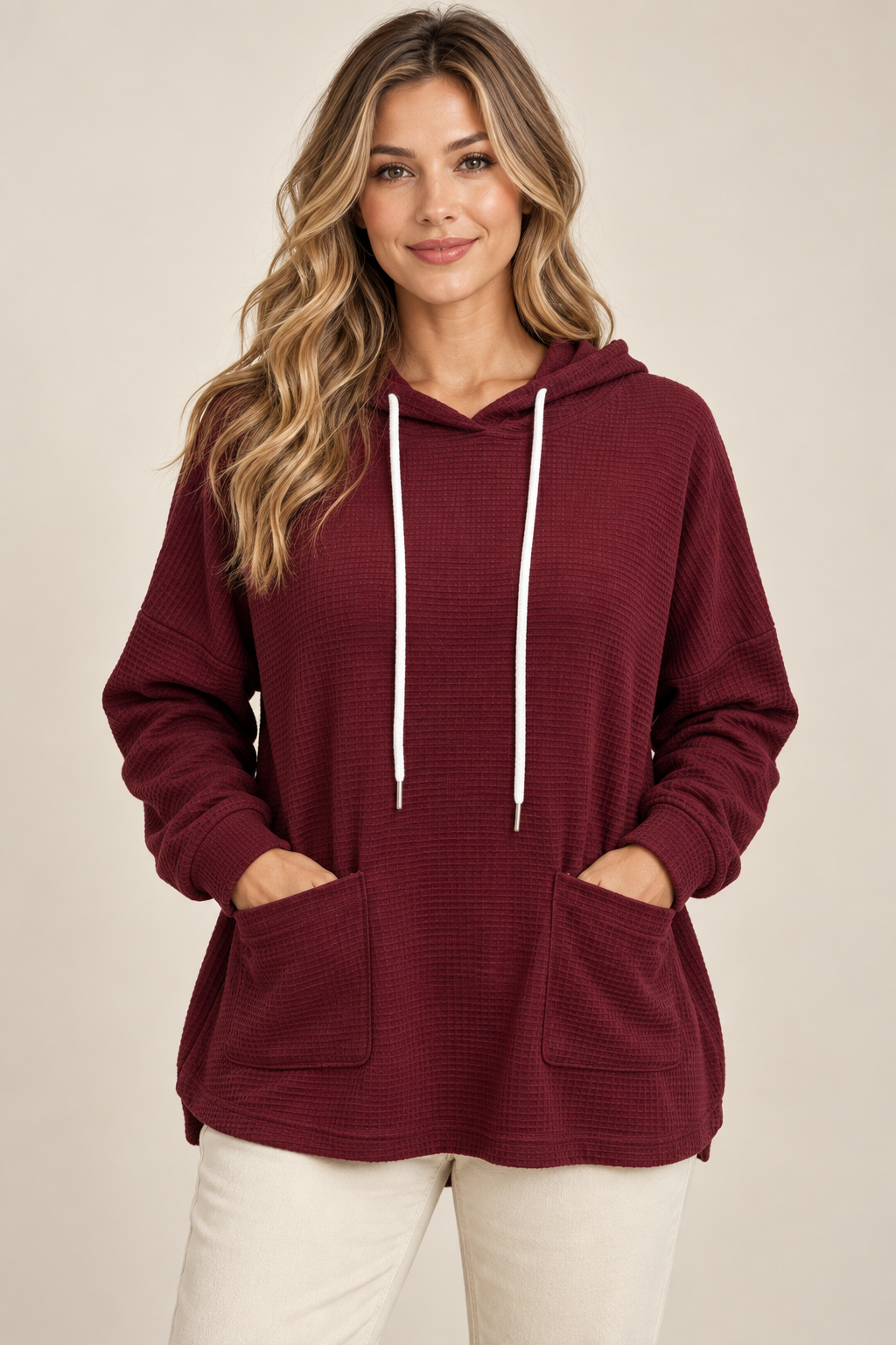 AuraX studio photo of Women's Waffle-Knit Drawstring Hoodie in Burgundy