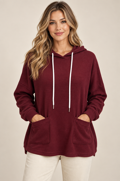 AuraX studio photo of Women's Waffle-Knit Drawstring Hoodie in Burgundy