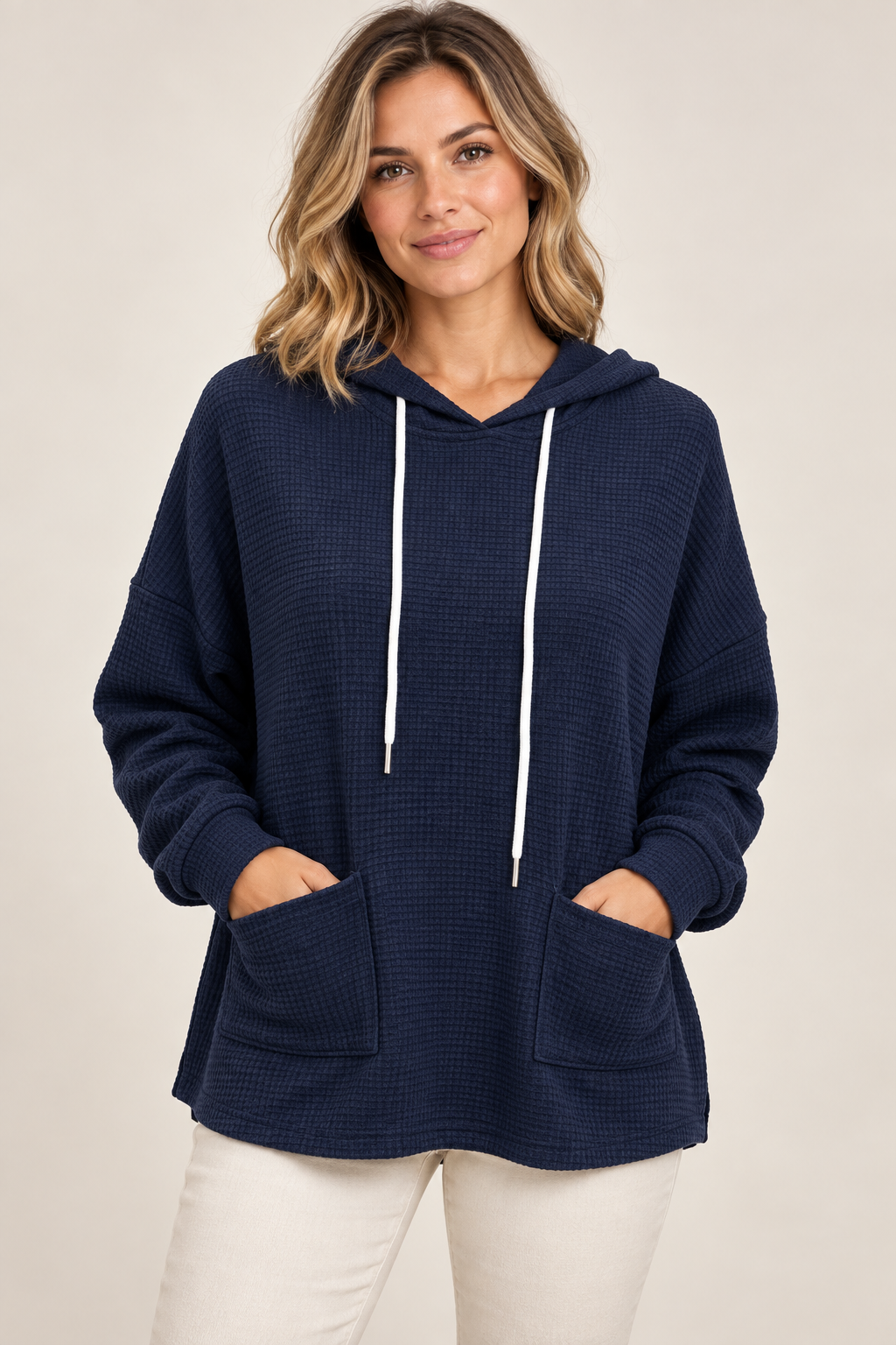 AuraX studio photo of Women's Waffle-Knit Drawstring Hoodie in Navy
