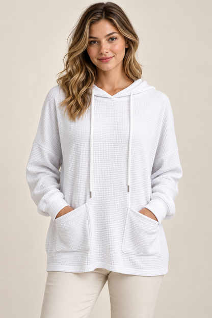 AuraX studio photo of Women's Waffle-Knit Drawstring Hoodie in White