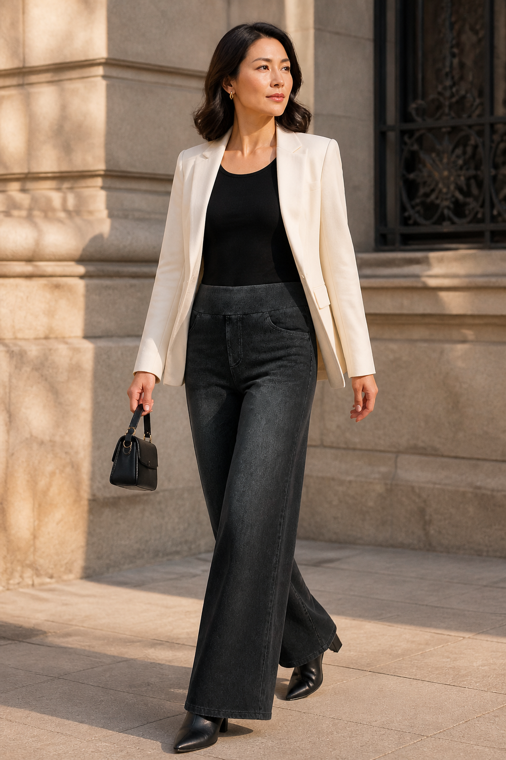 Model wearing AuraX high-waist wide-leg jeans in Dark Gray Whisker Wash
