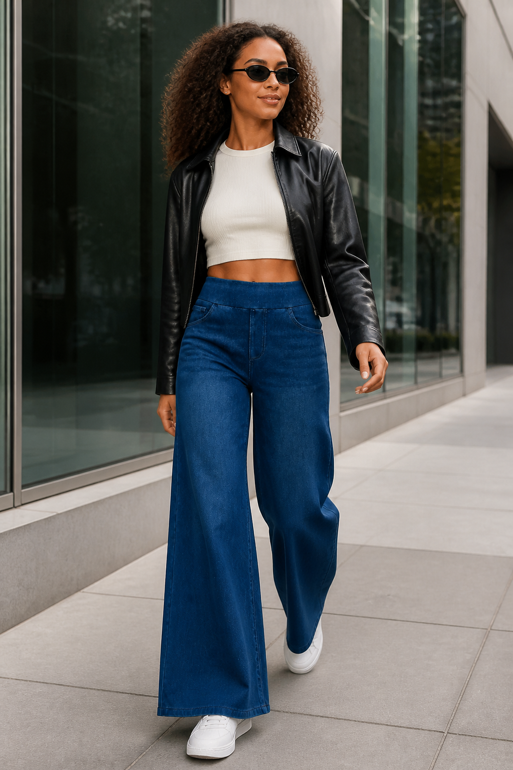 Model wearing AuraX high-waist wide-leg jeans in Dark Blue Whisker Wash