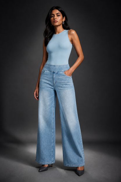 Model wearing AuraX high-waist wide-leg jeans in Light Blue Distressed Wash