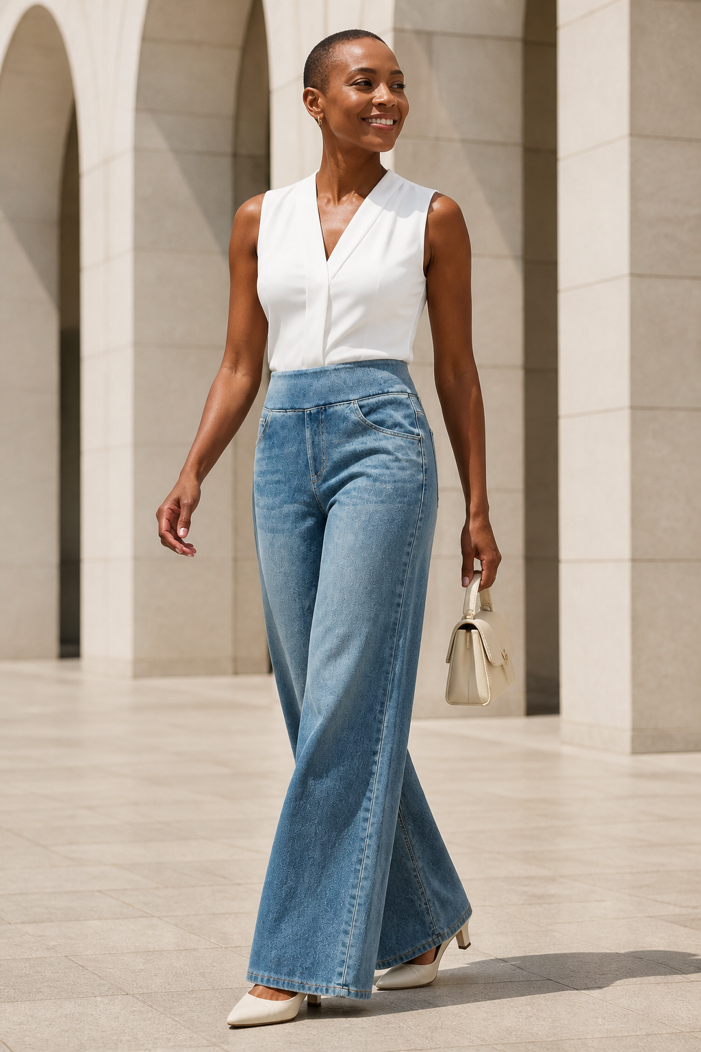 Model wearing AuraX high-waist wide-leg jeans in Sand Blue Whisker Wash