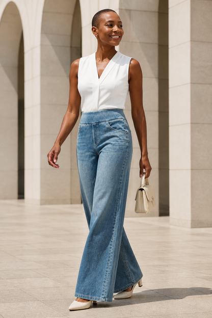 Model wearing AuraX high-waist wide-leg jeans in Sand Blue Whisker Wash