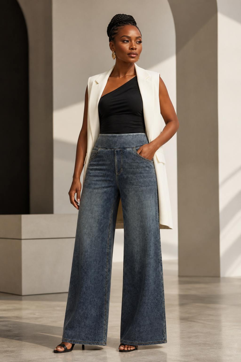 Model wearing AuraX high-waist wide-leg jeans in Vintage Sea Blue Whisker Wash