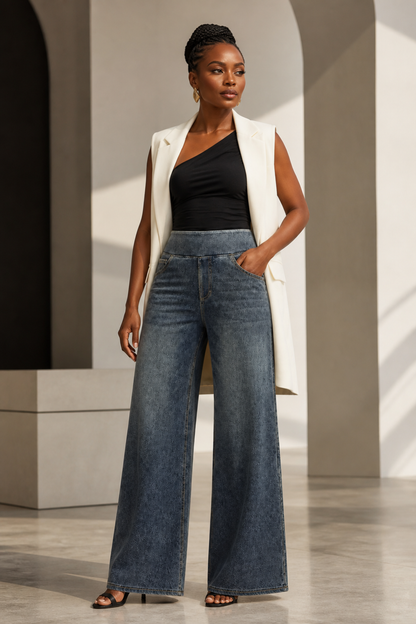 Model wearing AuraX high-waist wide-leg jeans in Vintage Sea Blue Whisker Wash