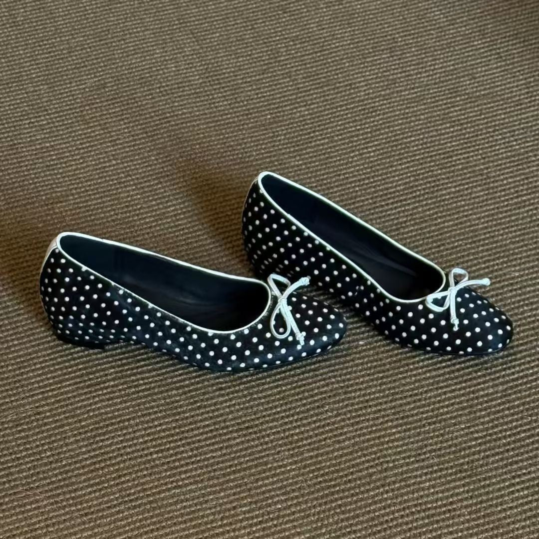 Women's Polka Dot Bow Mary Jane Flats | Mid Heel Round Toe PU Dress Shoes