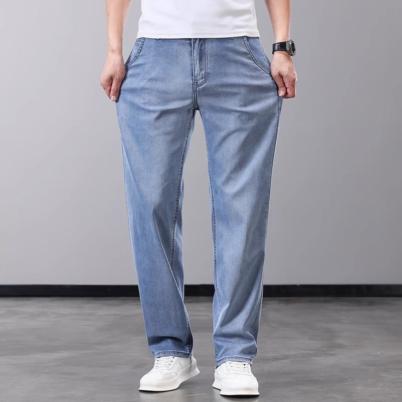 Men's Light Wash Straight Leg Stretch Jeans | Relaxed Fit Casual Denim Pants
